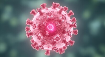 Microscopic depiction of a coronavirus particle, highlighting its structure and infectious nature.