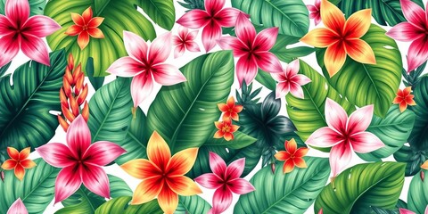 Hand-painted tropical leaves & flowers; abstract art, vector seamless pattern for textile, wall art, cards, foliage, flowers