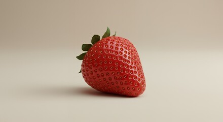 A single ripe strawberry with green leaves rests on a smooth lightcolored surface