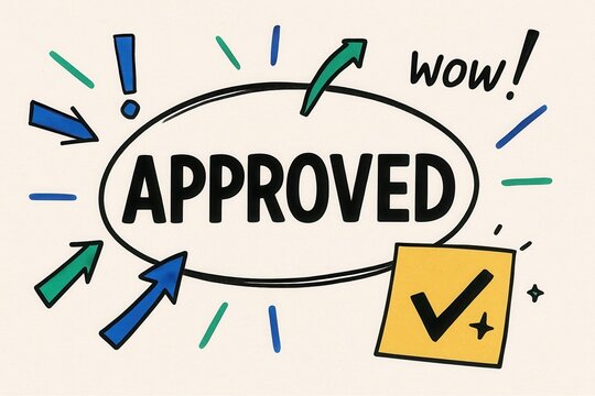 Approved badge with wow! and checkmark, playful hand-drawn style, engaging retail promotion offer.