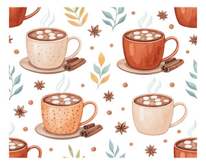 Obraz premium Watercolor seamless pattern with hot cocoa mugs vector illustration isolated on white background
