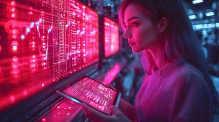 A futuristic industrial sector leader uses a tablet and screens filled with glowing data and charts symbolizing data driven entrepreneurship