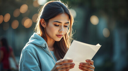 Young Woman Reading a Love Letter Outdoors in Natural Light for Relationship Blogs, Personal Reflection Websites, Romantic Cards, and Emotional Awareness Articles