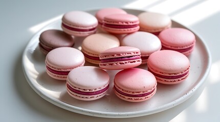 Fototapeta premium delicate pastel macarons arranged neatly on white plate