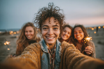Cheerful friends celebrating summer, taking beachy selfie with sparklers, sharing vibrant joy and carefree friendship moment