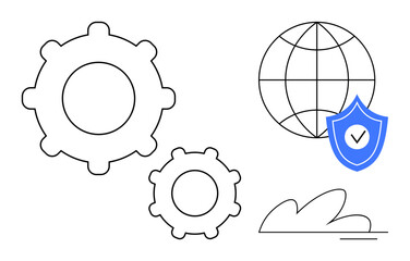 Interconnected gears beside a globe and shield with a checkmark. Ideal for technology, security, internet safety, teamwork, innovation, global service, and operations. A simple flat metaphor
