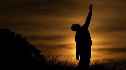 Shadow figure reaching upward, strong backlight casting long shadow, mysterious drama theme