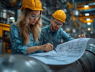 Two engineers in a factory setting examining blueprints highlighting teamwork and industrial planning