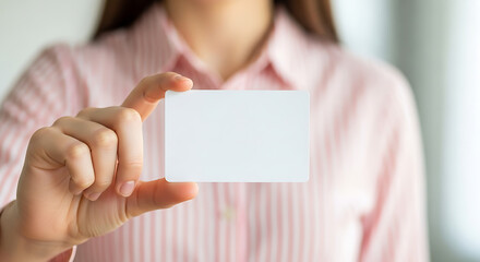 Business Card Presentation Woman Holding Blank Card for Advertisement, Copy Space