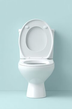 White toilet with open lid against a light blue wall