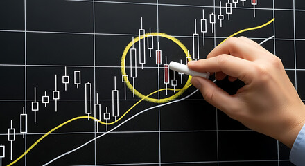 Financial market candlestick chart analysis with a hand holding chalk on blackboard