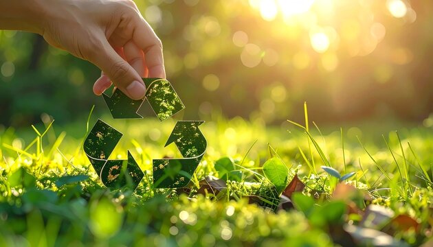 A hand places a recycling symbol made of moss and leaves onto a lush bed of green grass, symbolizing the act of giving back to nature, sustainability, and a commitment to environmental protection