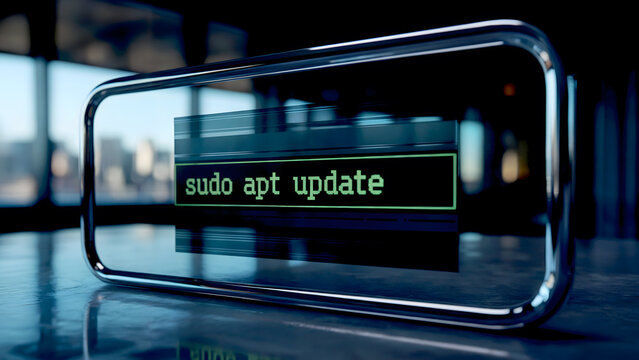 A futuristic transparent smartphone showing 'sudo apt update' command line, a visual metaphor for tech, security, and digital innovation