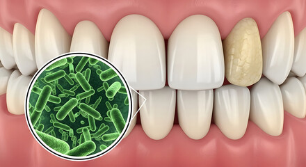 Dental hygiene and tooth decay concept, close-up of teeth with bacteria magnified