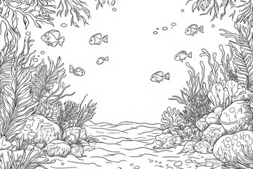 Simple underwater scene coloring page for kids with fish, coral, and sea plants, black and white line art with thick bold outlines and no shading