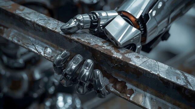 A realistic 3D render of a futuristic robot's hand, made of highly-detailed, reflective metal, holding a heavy, textured, and rusted industrial beam, symbolizing strength and technology