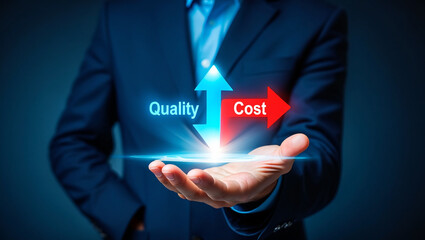 Obraz premium A man balances quality and cost, a key concept in business management. 