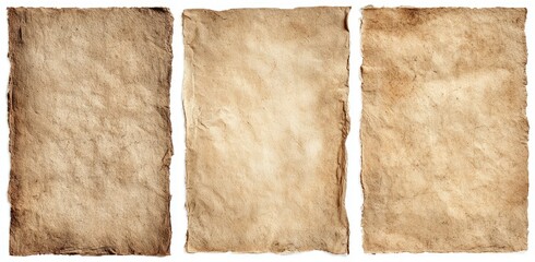 Aged paper sheets, three vertical panels