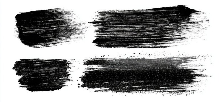 Four black paint strokes on white background, varying in size and texture, showing brushstrokes and some splatter