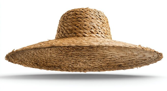 A wide-brimmed, light brown straw hat, seemingly woven from natural fibers, floats against a white background, casting a subtle shadow - Powered by Adobe