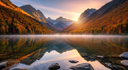 Vibrant Autumn Foliage on Mountains Beside Clear Blue Lake