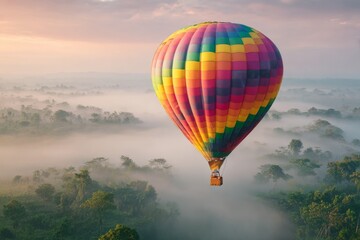 Obraz premium A colorful hot air balloon is floating above a foggy forest landscape at dawn.
