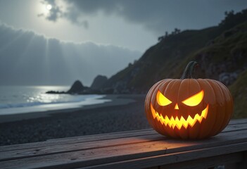 One spooky halloween pumpkin, Jack O Lantern, with an evil face and eyes on a wooden bench, table with a misty gray coastal night background with space for product placement