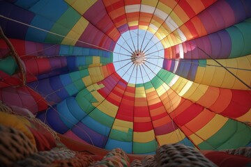 Obraz premium View looks up into the colorful canopy of a hot air balloon against the sky.
