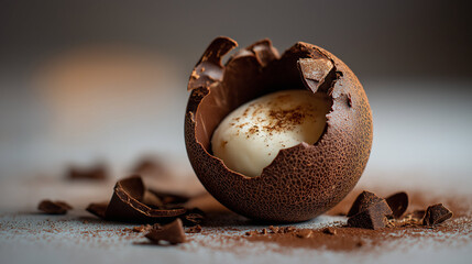 Shattered chocolate sphere dessert, elegant plating with sauce trails, soft ambient glow
