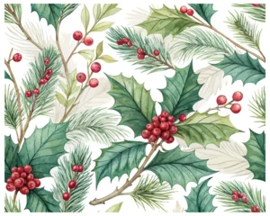 Fotobehang Tropische Bladeren Watercolor seamless pattern with holly & pine branches vector illustration isolated on white background  © Tanvir Rana