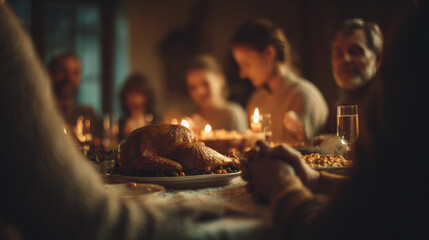 warm family gathering around beautifully set holiday dinner table hands clasped together in unity