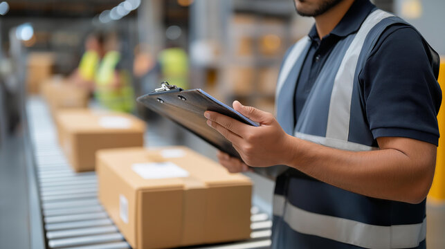 A warehouse manager their clipboard heavy oversees package sorting the conveyor belt rumbling. Cardboard boxes their corners dented slide past each with a printed label. A - Powered by Adobe