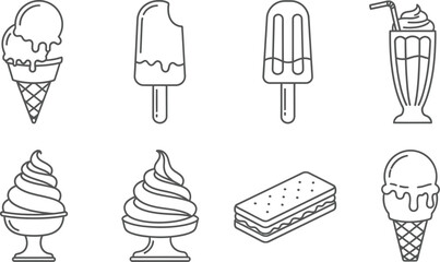 Collection of various ice cream desserts, including cones, popsicles, sandwiches, and milkshakes