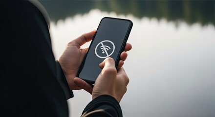 Person holding a smartphone with a no WiFi signal icon outdoors.