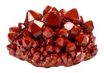 Close-up view of a cluster of vibrant red crystals, showcasing intricate geometric shapes and a rich, deep hue against a stark black background.
