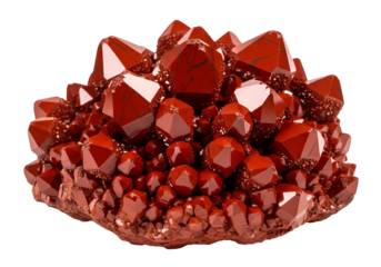 Close-up view of a cluster of vibrant red crystals, showcasing intricate geometric shapes and a rich, deep hue against a stark black background.