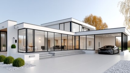 Obraz premium Modern glass house featuring sleek design and landscape in a tranquil suburban neighborhood during daylight