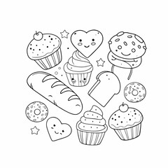 Doodle de comida dulce Ilustración vectorial de un libro de colorear para preescolar
