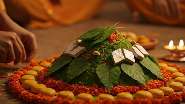 Hands adorn a sacred govardhan puja mound with offerings and leaves celebrating the revered hindu festival of devotion and prosperity