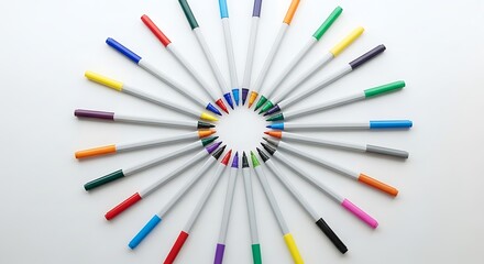 Arrangement of Colorful Marker Pens Forming a Concentric Circle Pattern