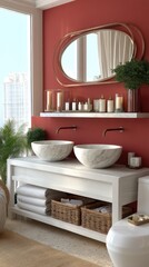 Modern bathroom design featuring marble sinks and a warm color palette with natural elements and elegant storage options