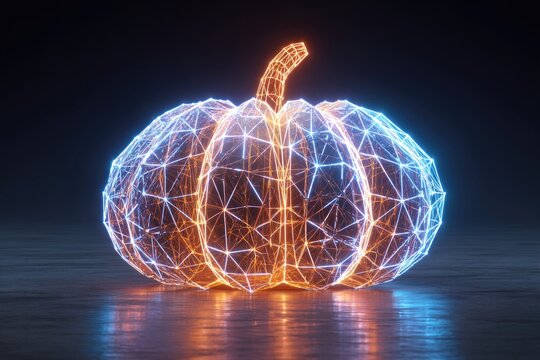 glowing polygon pumpkin centerpiece in neon wireframe style, sci-fi 3D concept