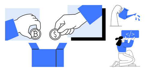 Hands depositing dollar and bitcoin coins into a box, person coding at a screen, and watering a budding plant. Ideal for finance, investment, technology, growth, teamwork, creativity simple landing