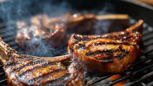 Delicious Pork Chops Smoking On Metal Grill With Glowing Flame In Bright Lighting For Culinary Background