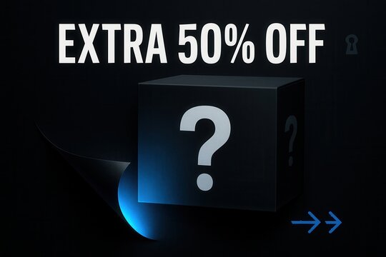 Bold EXTRA 50% OFF discount offer banner, modern style, striking retail promotion for mystery product appeal.