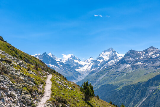 Scenic hiking trail in the Swiss Alps from St-Luc to Zinal Valais