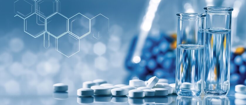 Close-up of scattered white round pills in focus on blue banner with hexagons and test tubes for R&D lab website