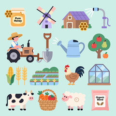 Charming farm life icons depict healthy agriculture, fresh produce, and animal husbandry in a vibrant collection.
