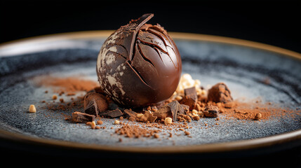 Shattered chocolate sphere dessert, elegant plating with sauce trails, soft ambient glow