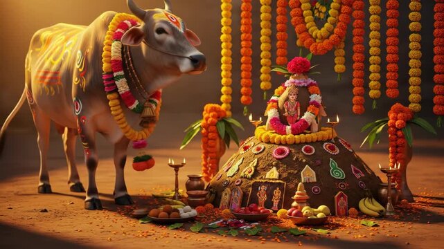 Vibrant govardhan puja annakut celebration with decorated sacred cow offerings and traditional marigold garlands in a devotional setting